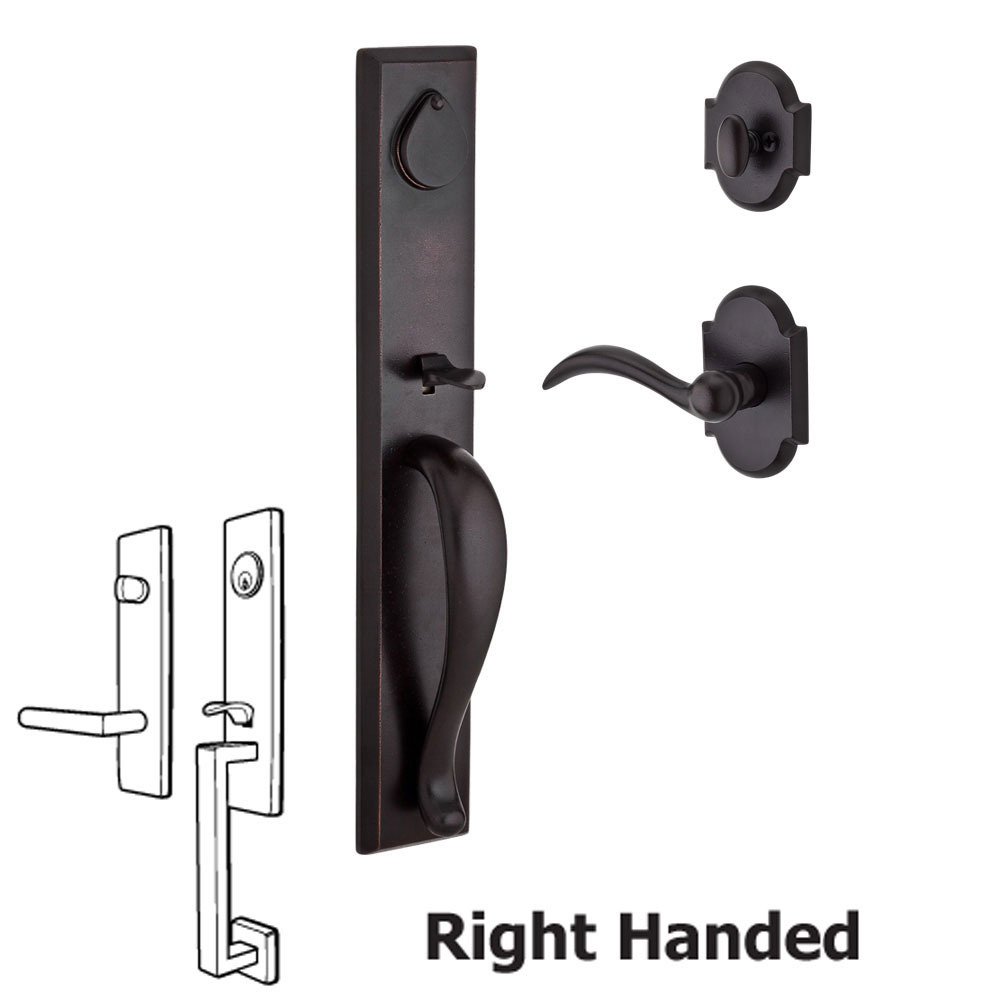Baldwin Handleset with Right Handed Arch Lever and Rustic Arch Rose in Dark Bronze