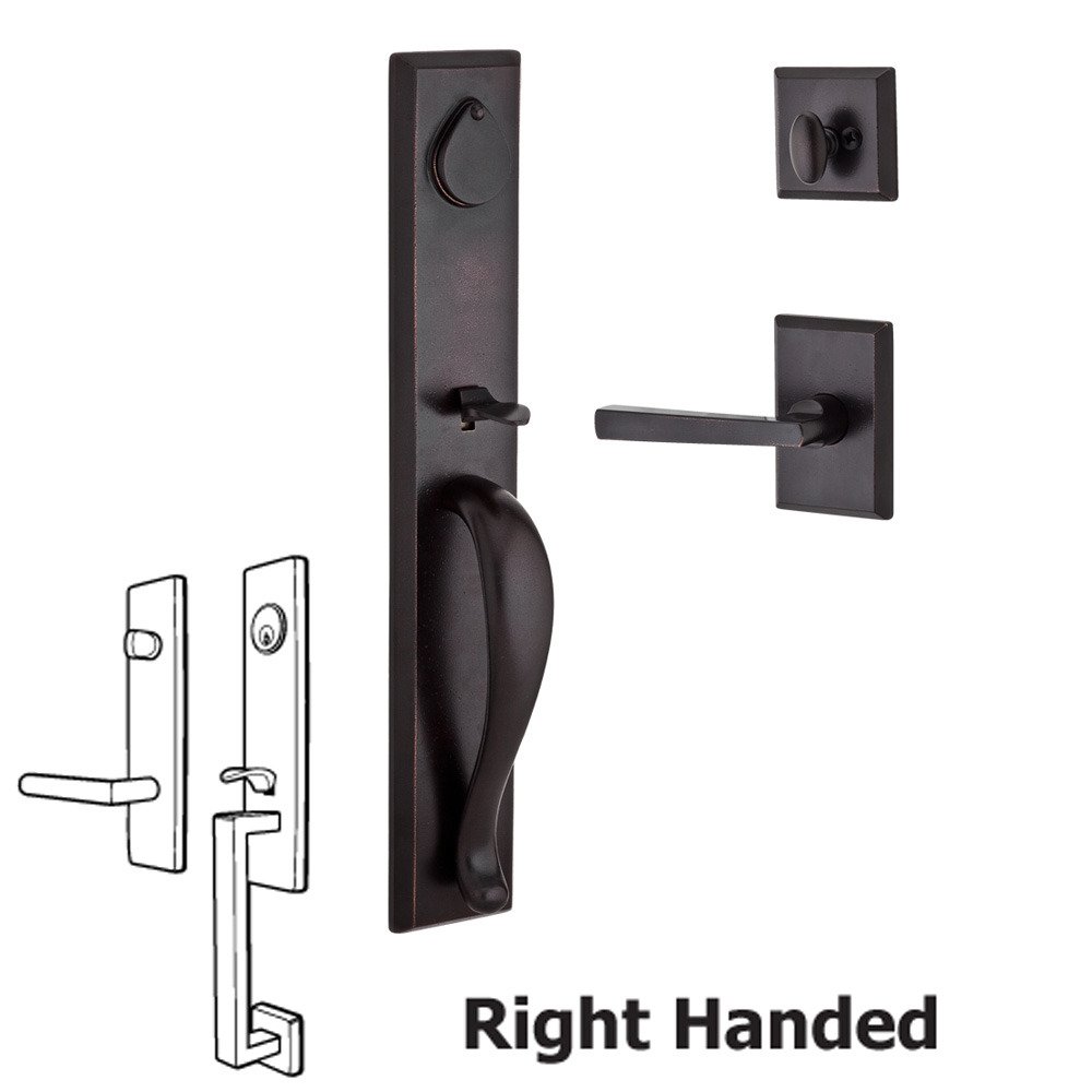 Baldwin Handleset with Right Handed Tapered Lever and Rustic Square Rose in Dark Bronze