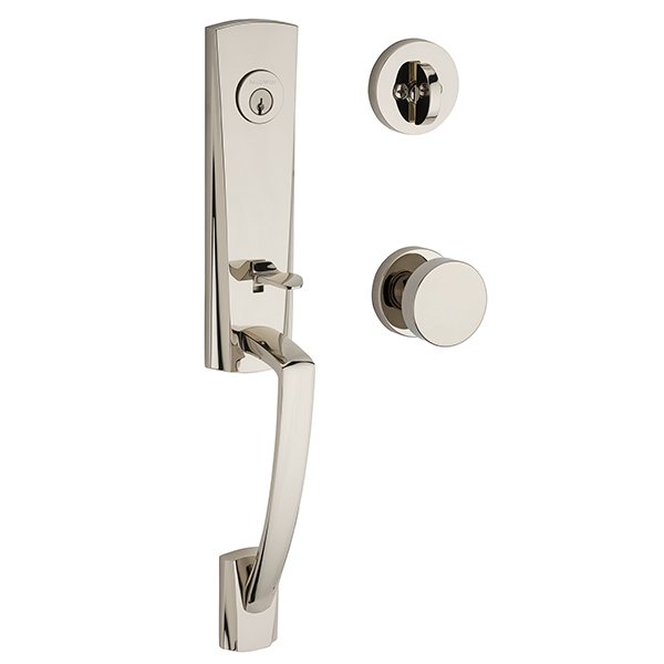 Baldwin Single Cylinder Miami Handleset with Contemporary Door Knob with Contemporary Round Rose in Polished Nickel