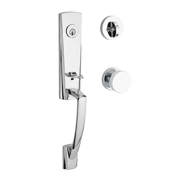 Baldwin Single Cylinder Miami Handleset with Contemporary Door Knob with Contemporary Round Rose in Polished Chrome
