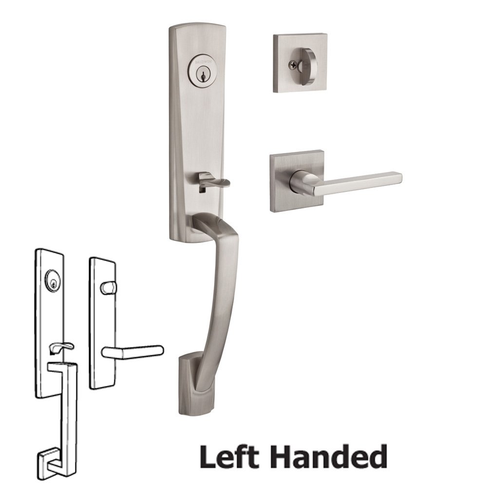 Baldwin Handleset with Left Handed Square Lever and Contemporary Square Rose in Satin Nickel