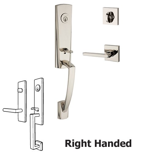 Baldwin Right Handed Single Cylinder Miami Handleset with Square Door Lever with Contemporary Square Rose in Polished Nickel