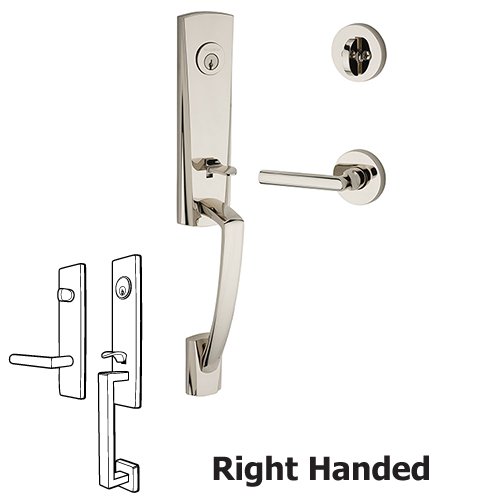 Baldwin Right Handed Single Cylinder Miami Handleset with Tube Door Lever with Contemporary Round Rose in Polished Nickel
