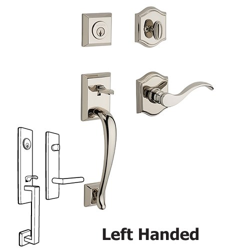 Baldwin Left Handed Single Cylinder Napa Handleset with Curve Door Lever with Traditional Arch Rose in Polished Nickel