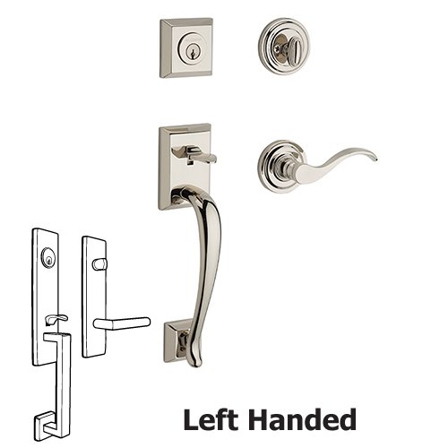 Baldwin Left Handed Single Cylinder Napa Handleset with Curve Door Lever with Traditional Round Rose in Polished Nickel