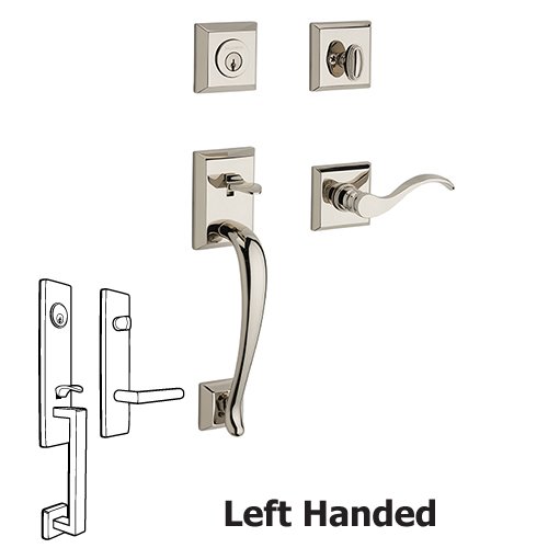 Baldwin Left Handed Single Cylinder Napa Handleset with Curve Door Lever with Traditional Square Rose in Polished Nickel