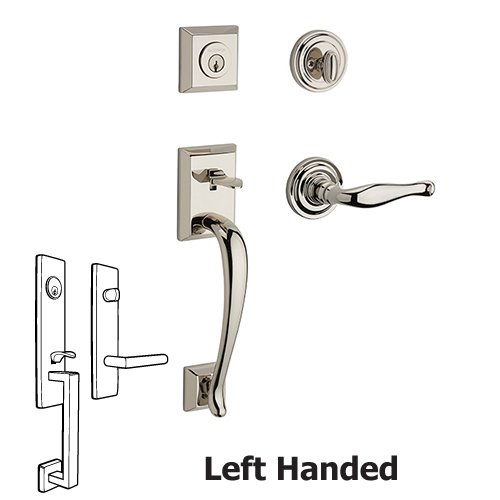 Baldwin Left Handed Single Cylinder Napa Handleset with Decorative Door Lever with Traditional Round Rose in Polished Nickel