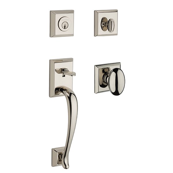 Baldwin Single Cylinder Napa Handleset with Ellipse Door Knob with Traditional Square Rose in Polished Nickel