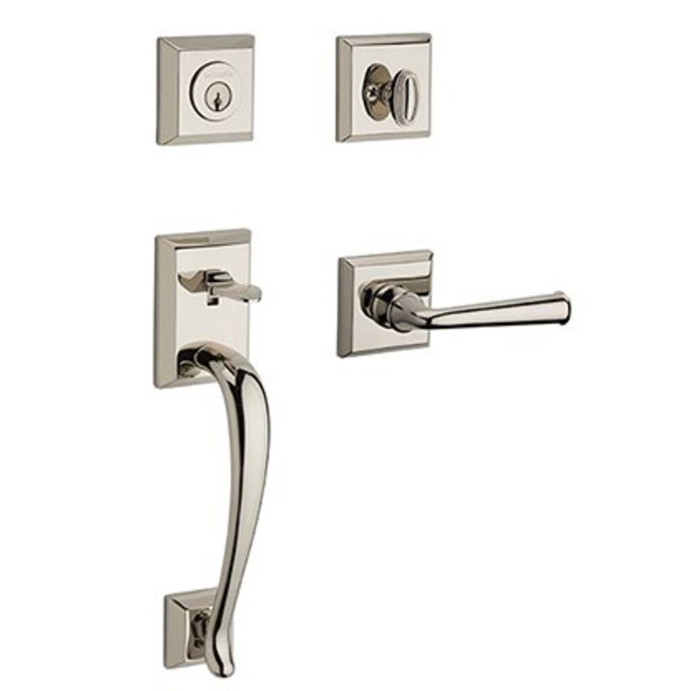 Baldwin Left Handed Single Cylinder Napa Handleset with Federal Door Lever with Traditional Square Rose in Polished Nickel