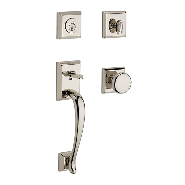 Baldwin Single Cylinder Napa Handleset with Round Door Knob with Traditional Square Rose in Polished Nickel