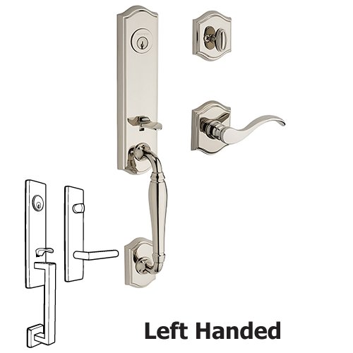 Baldwin Left Handed Single Cylinder New Hampshire Handleset with Curve Door Lever with Traditional Arch Rose in Polished Nickel