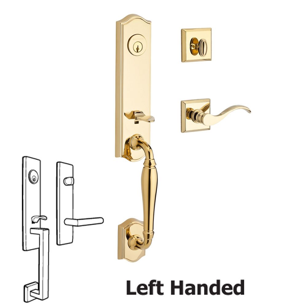 Baldwin Handleset with Left Handed Curve Lever and Traditional Square Rose in Polished Brass