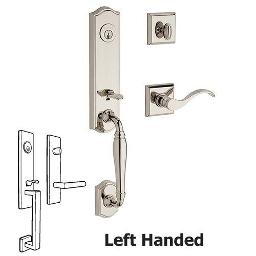 Baldwin Left Handed Single Cylinder New Hampshire Handleset with Curve Door Lever with Traditional Square Rose in Polished Nickel