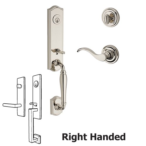 Baldwin Right Handed Single Cylinder New Hampshire Handleset with Curve Door Lever with Traditional Round Rose in Polished Nickel