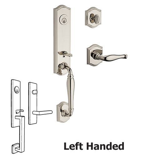 Baldwin Left Handed Single Cylinder New Hampshire Handleset with Decorative Door Lever with Traditional Arch Rose in Polished Nickel