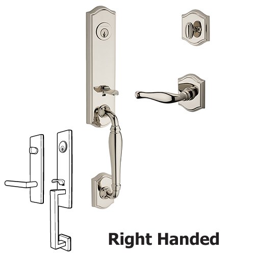 Baldwin Right Handed Single Cylinder New Hampshire Handleset with Decorative Door Lever with Traditional Arch Rose in Polished Nickel