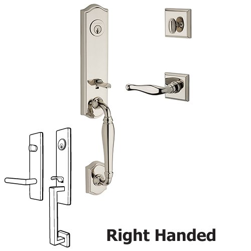 Baldwin Right Handed Single Cylinder New Hampshire Handleset with Decorative Door Lever with Traditional Square Rose in Polished Nickel