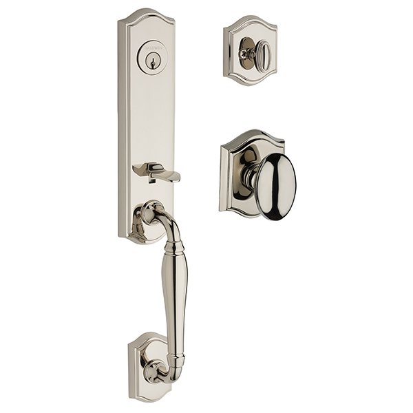 Baldwin Single Cylinder New Hampshire Handleset with Ellipse Door Knob with Traditional Arch Rose in Polished Nickel