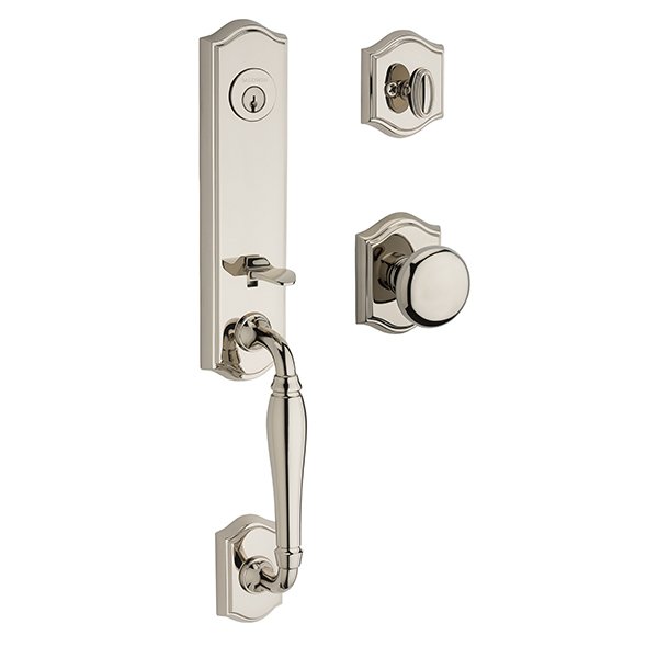 Baldwin Single Cylinder New Hampshire Handleset with Round Door Knob with Traditional Arch Rose in Polished Nickel