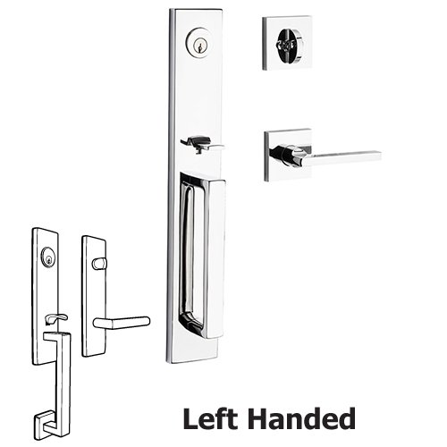 Baldwin Left Handed Single Cylinder Santa Cruz Handleset with Square Door Lever with Contemporary Square Rose in Polished Chrome