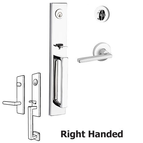 Baldwin Right Handed Single Cylinder Santa Cruz Handleset with Square Door Lever with Contemporary Round Rose in Polished Chrome