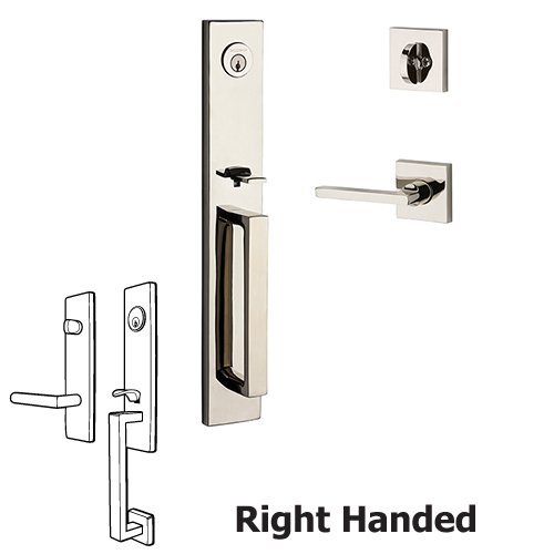 Baldwin Right Handed Single Cylinder Santa Cruz Handleset with Square Door Lever with Contemporary Square Rose in Polished Nickel