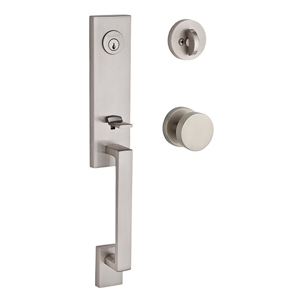 Baldwin Single Cylinder Seattle Handleset with Contemporary Door Knob with Contemporary Round Rose in Satin Nickel