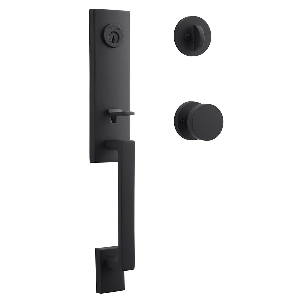 Baldwin Single Cylinder Seattle Handleset with Contemporary Door Knob with Contemporary Round Rose in Satin Black