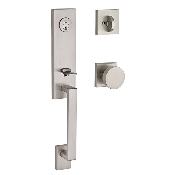 Baldwin Single Cylinder Seattle Handleset with Contemporary Door Knob with Contemporary Square Rose in Satin Nickel