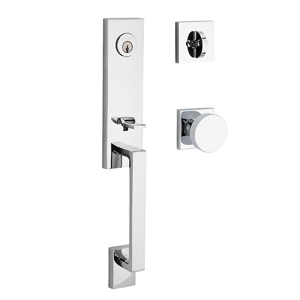 Baldwin Single Cylinder Seattle Handleset with Contemporary Door Knob with Contemporary Square Rose in Polished Chrome