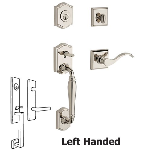 Baldwin Left Handed Single Cylinder Westcliff Handleset with Curve Door Lever with Traditional Square Rose in Polished Nickel