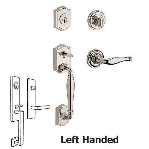 Baldwin Left Handed Single Cylinder Westcliff Handleset with Decorative Door Lever with Traditional Round Rose in Polished Nickel