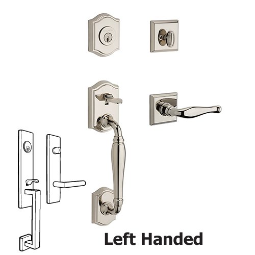 Baldwin Left Handed Single Cylinder Westcliff Handleset with Decorative Door Lever with Traditional Square Rose in Polished Nickel