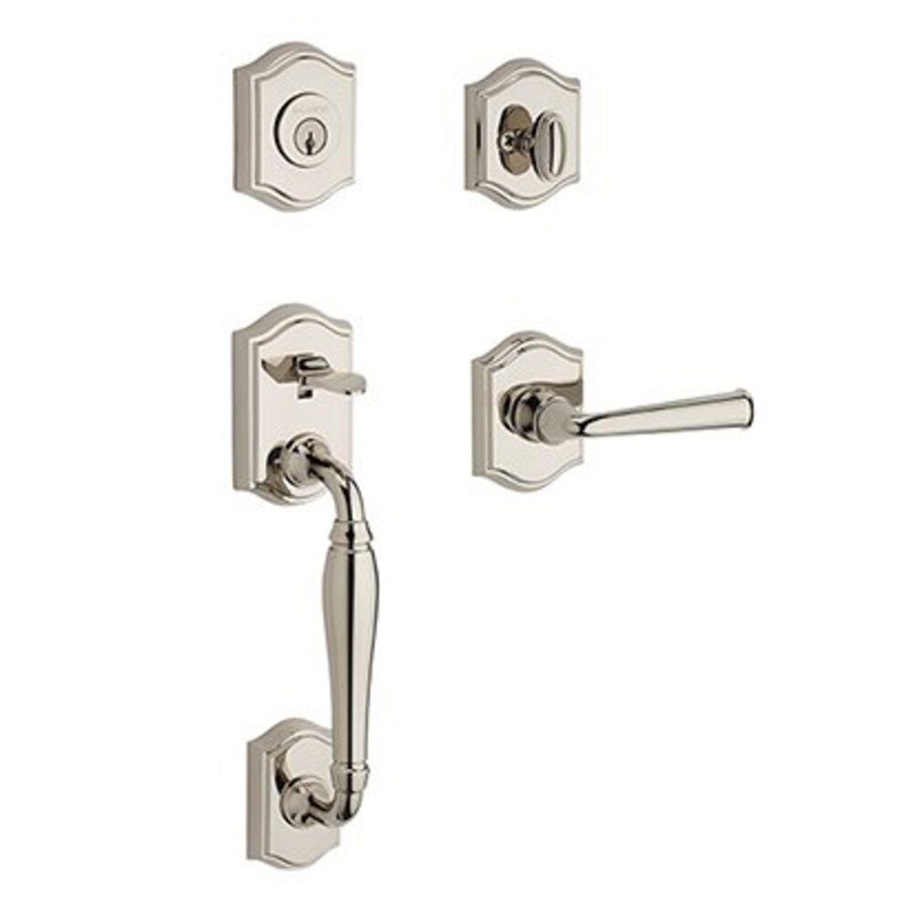 Baldwin Left Handed Single Cylinder Westcliff Handleset with Federal Door Lever with Traditional Arch Rose in Polished Nickel