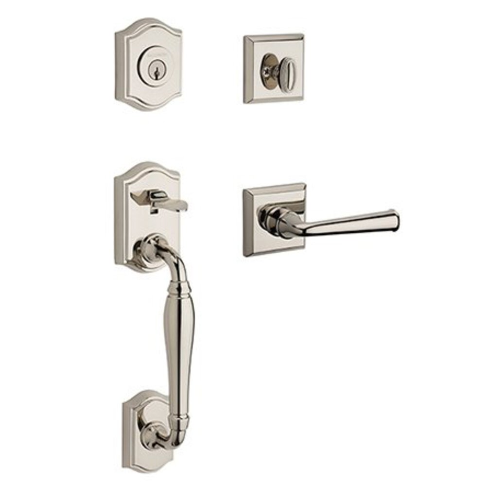 Baldwin Left Handed Single Cylinder Westcliff Handleset with Federal Door Lever with Traditional Square Rose in Polished Nickel