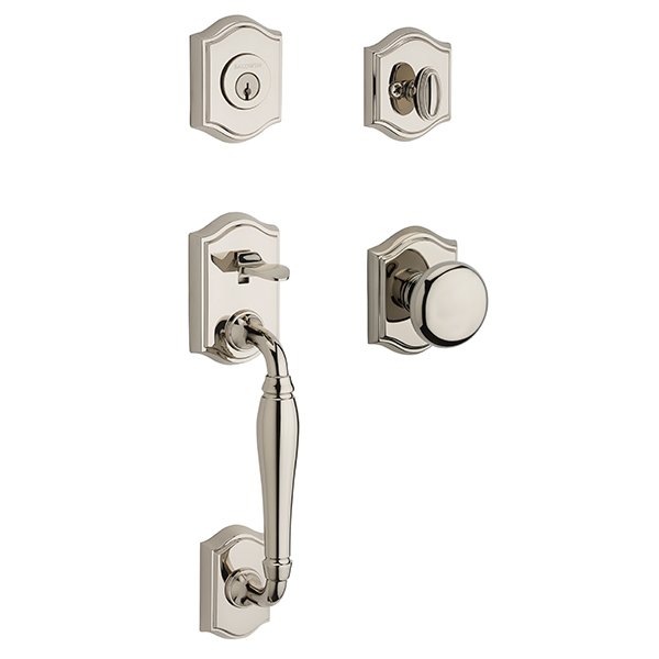 Baldwin Single Cylinder Westcliff Handleset with Round Door Knob with Traditional Arch Rose in Polished Nickel