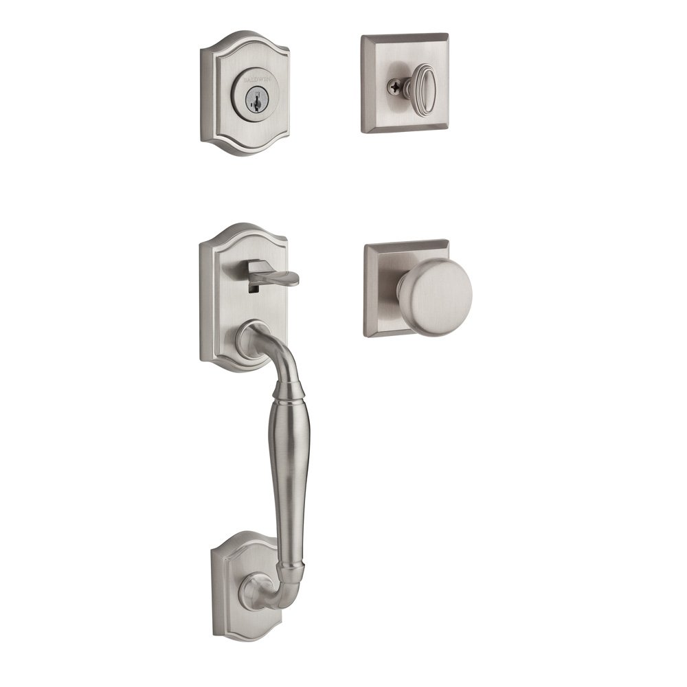Baldwin Handleset with Round Knob and Traditional Square Rose in Satin Nickel