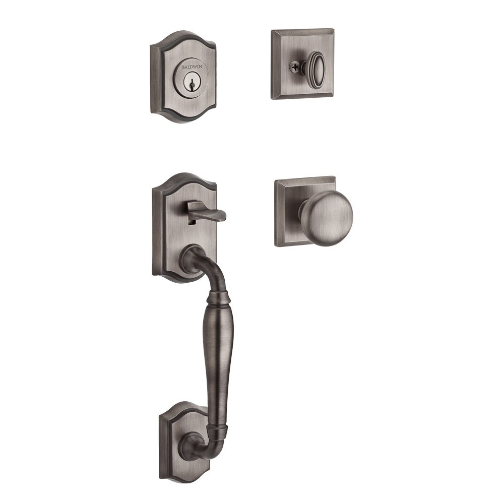 Baldwin Handleset with Round Knob and Traditional Square Rose in Matte Antique Nickel
