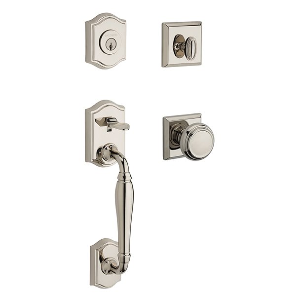 Baldwin Single Cylinder Westcliff Handleset with Traditional Door Knob with Traditional Square Rose in Polished Nickel