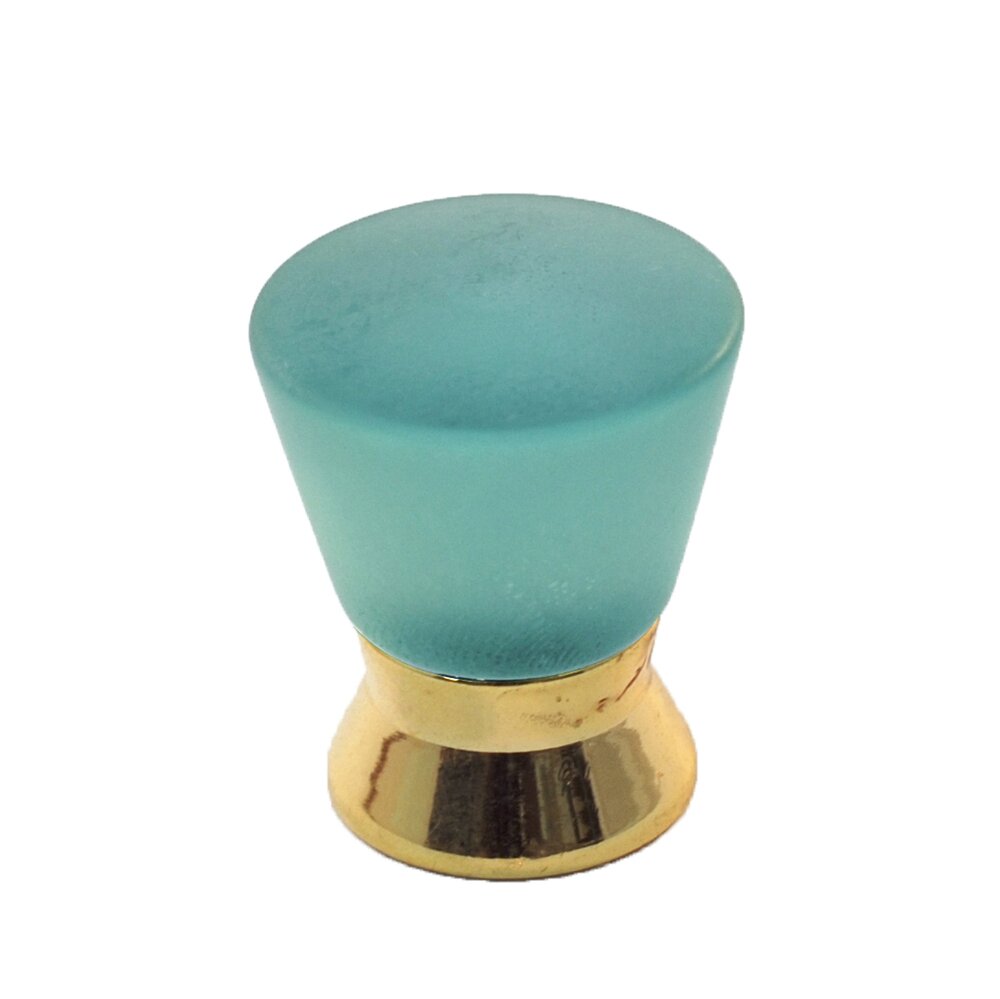 Cal Crystal Polyester Colored Round Knob in Turquoise Matte with Polished Brass Base