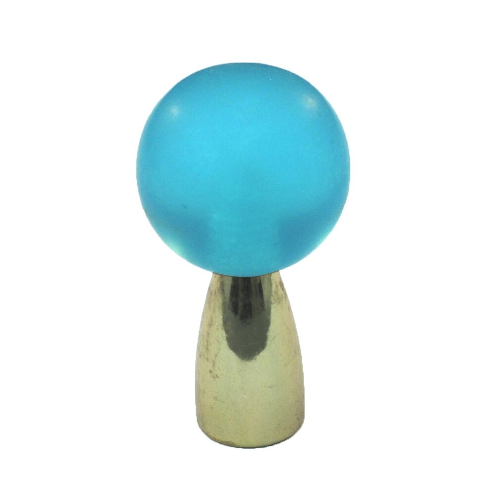 Cal Crystal Polyester Sphere Knob in Light Blue Matte with Polished Brass Base