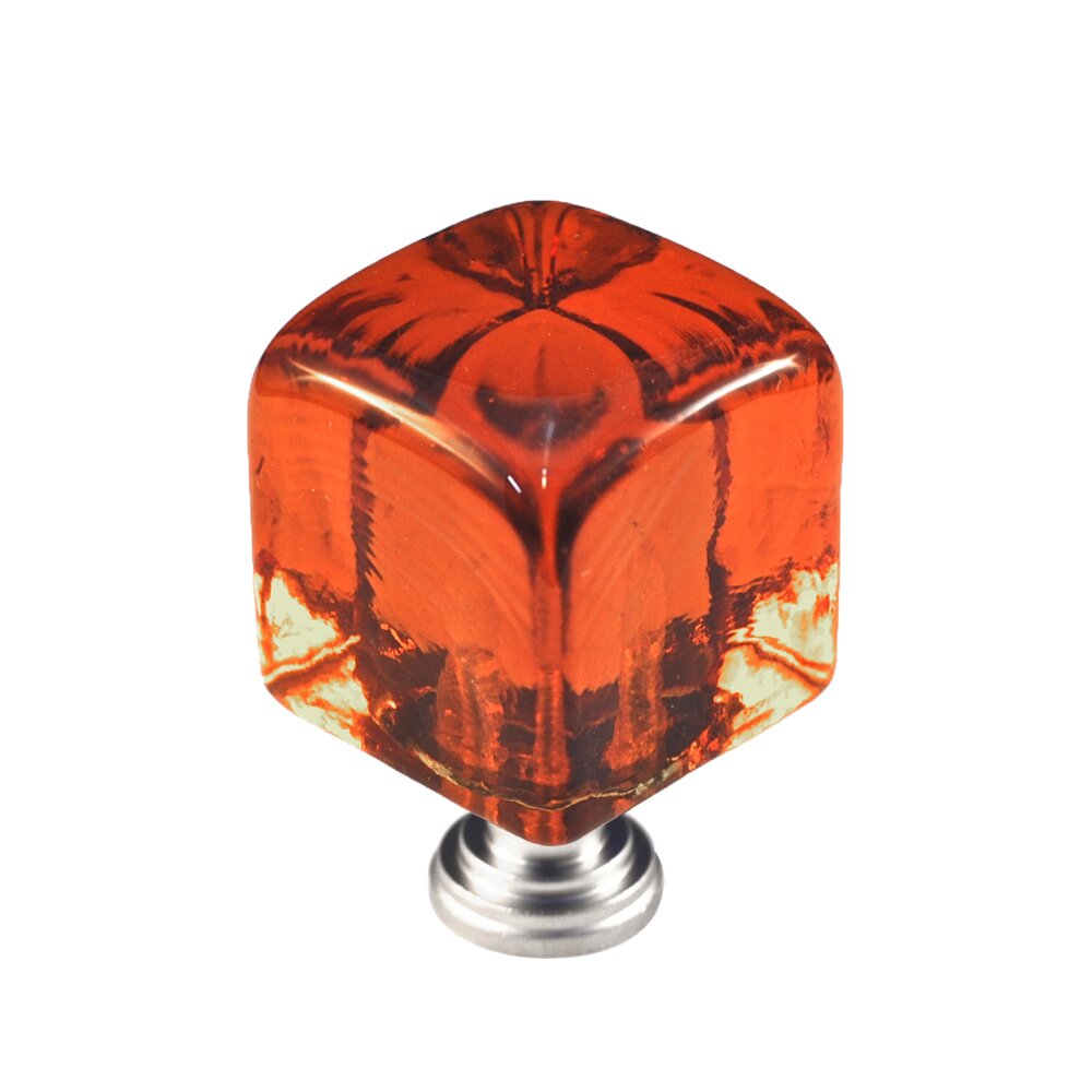 Cal Crystal Large Colored Cube in Amber Glass with Satin Nickel Base
