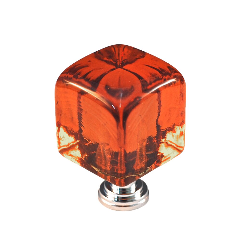 Cal Crystal Large Colored Cube in Amber Glass with Polished Chrome Base