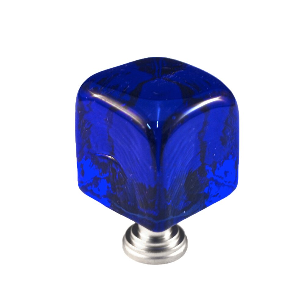 Cal Crystal Large Colored Cube in Blue Glass with Satin Nickel Base