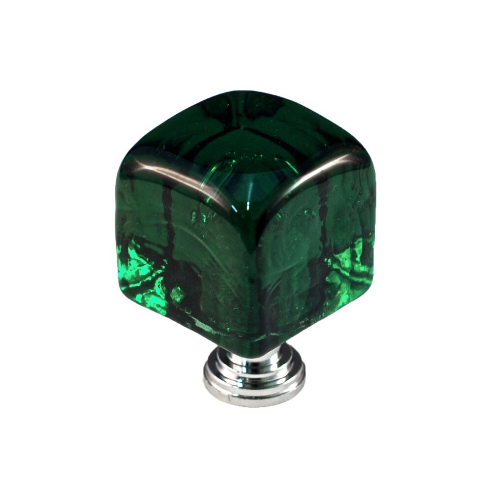 Cal Crystal Large Colored Cube in Green Glass with Polished Chrome Base