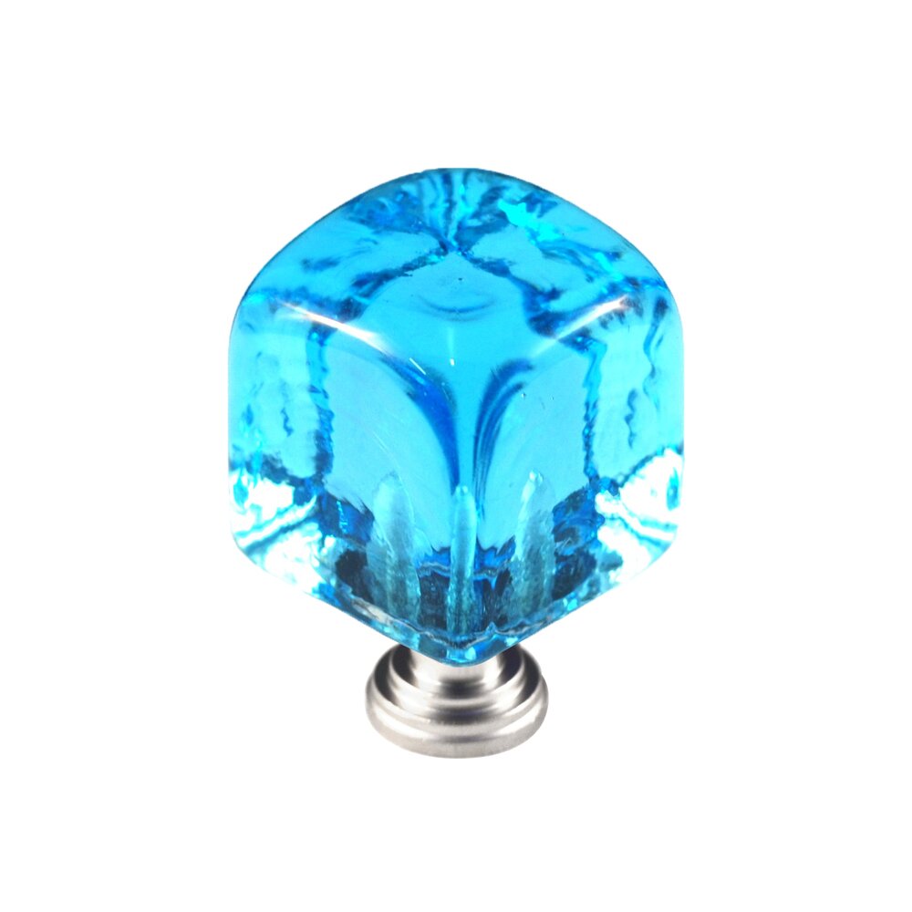 Cal Crystal Large Colored Cube in Marine Blue Glass with Satin Nickel Base