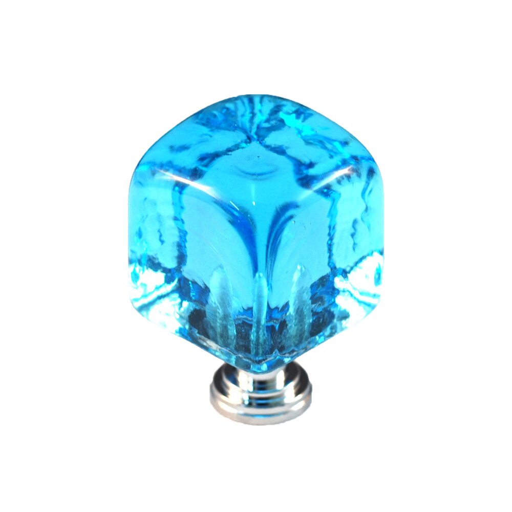Cal Crystal Large Colored Cube in Marine Blue Glass with Polished Chrome Base