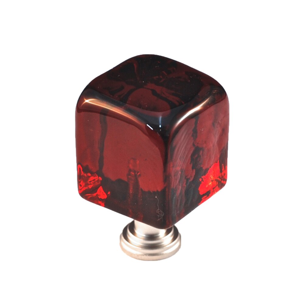 Cal Crystal Large Colored Cube in Red Glass with Satin Nickel Base