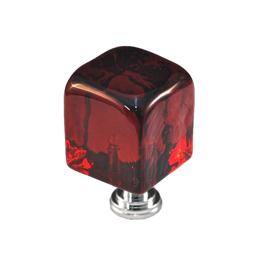 Cal Crystal Large Colored Cube in Red Glass with Polished Chrome Base