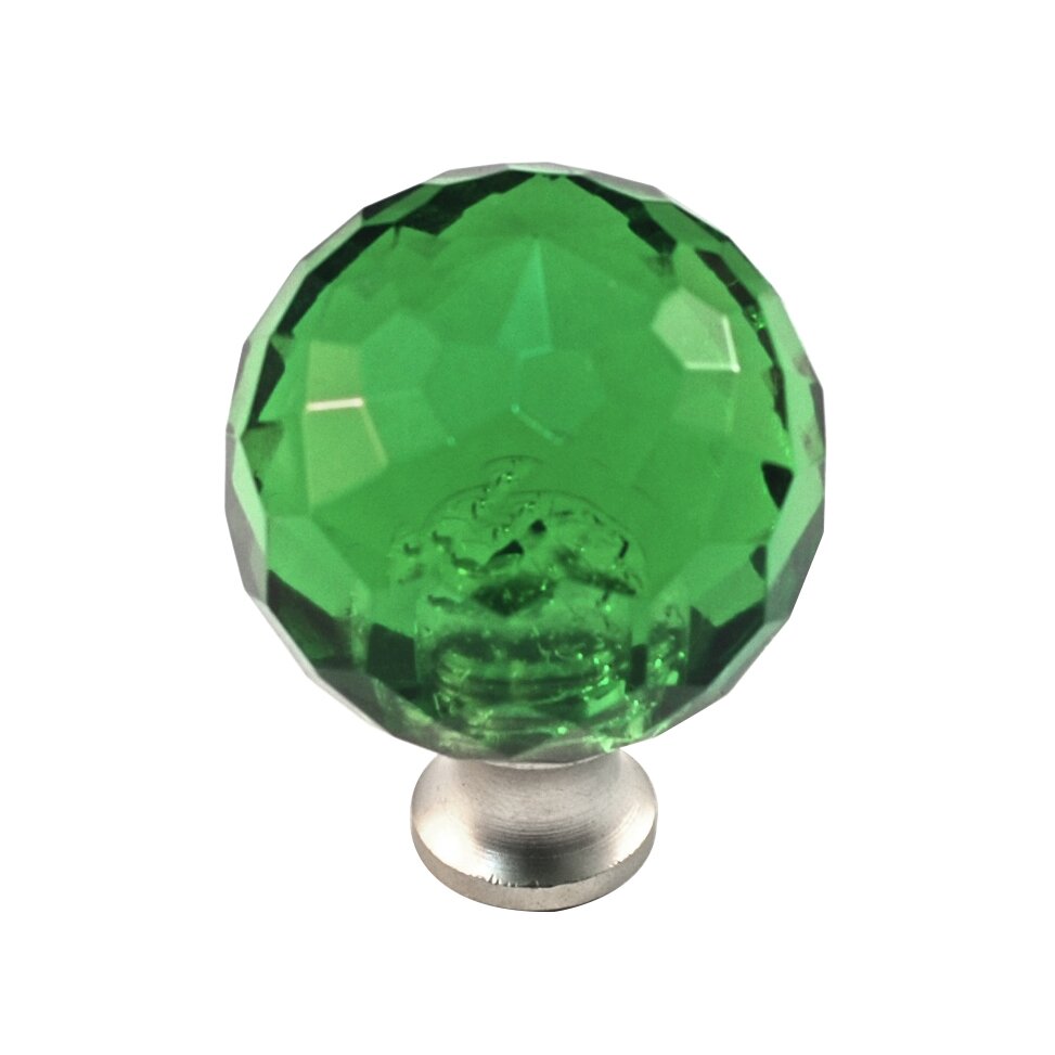 Cal Crystal Round Colored Knob in Green in Satin Nickel